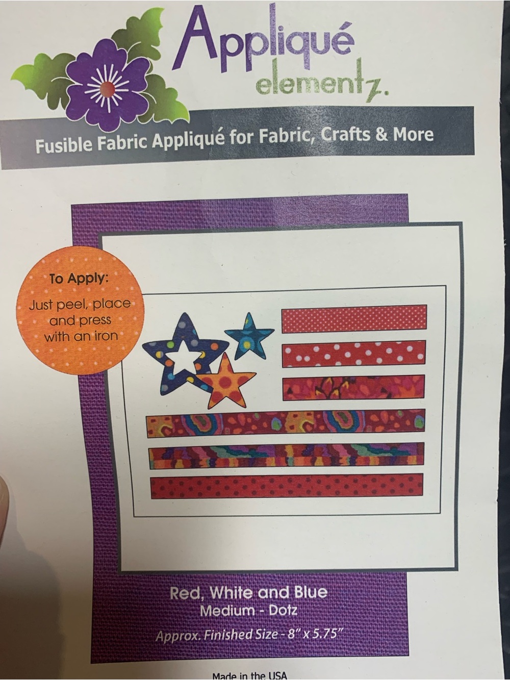 Appliqué Elementz; USA flag fusible fabric appliqué for fabric, crafts, and more